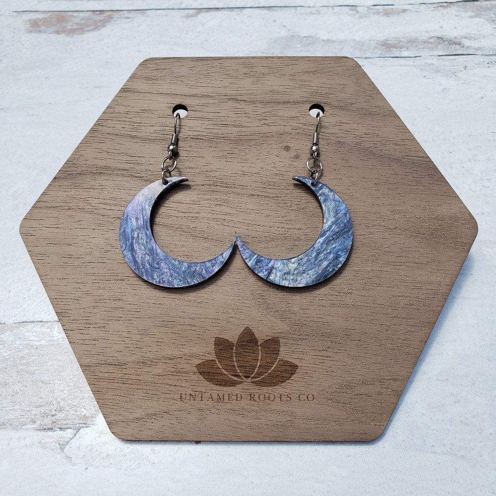Celestial Moon Dangle Earrings, Midnight Purple Galaxy Swirl, Acrylic, Handmade